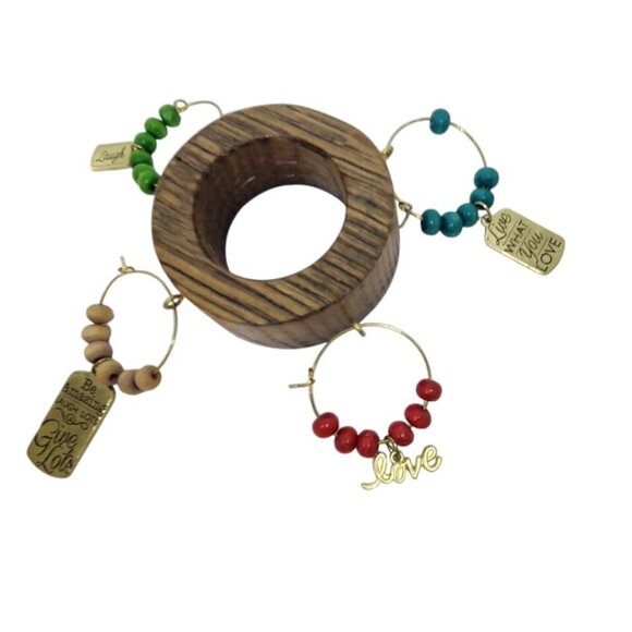 Rustic Wooden Wine Glass Charms Set Of 4 With Beaded Rings & Inspirational Tags - Picture 11 of 14